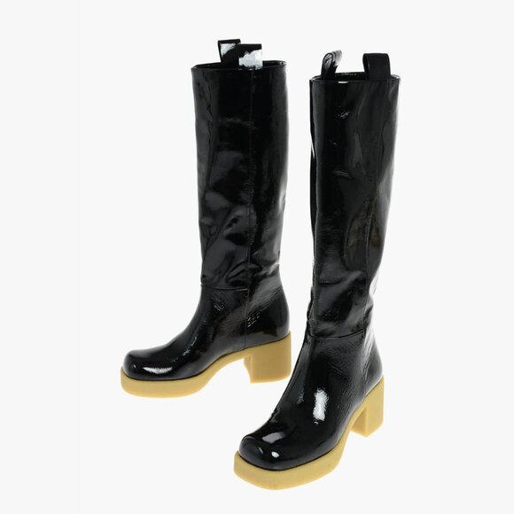 NWT Miu Miu Tall Boots Black Patent Leather Platform Block Heels Sz 36.5 - Picture 1 of 10